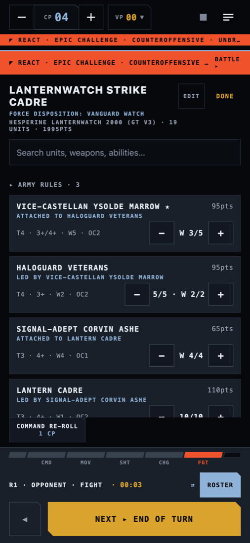 Imported army list with per-unit casualty tracking